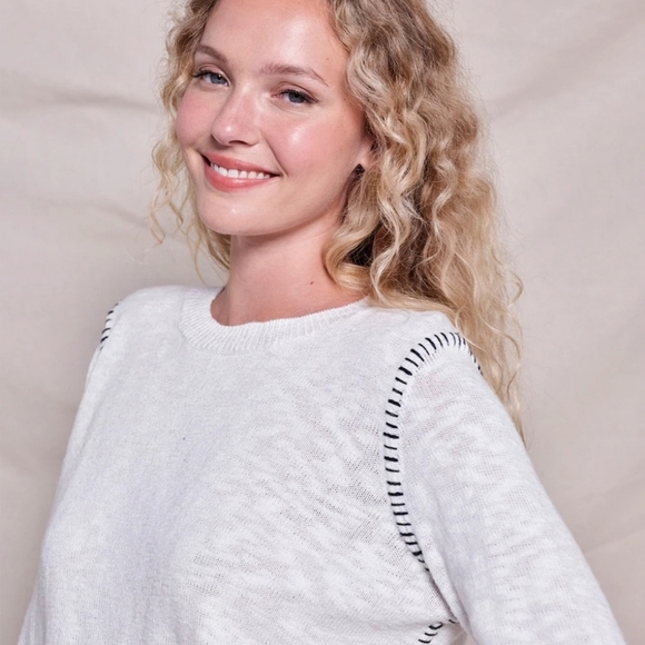 Sundry By "Anthropologie" Soft Sweater in Heather Gray & Yellow Baseball Stitch - Picture 8 of 9